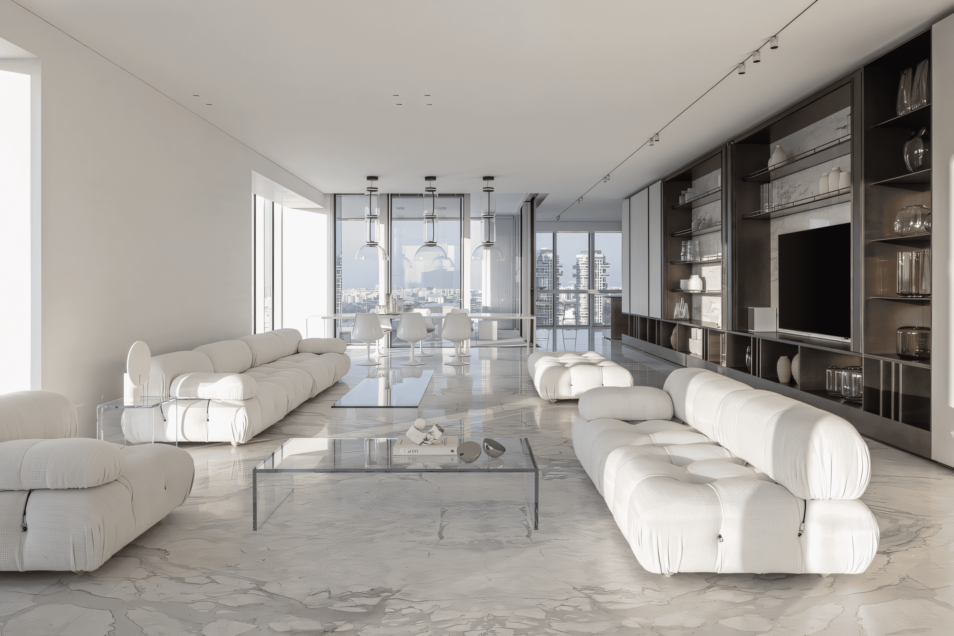 A living room setup with a large carpentry unit